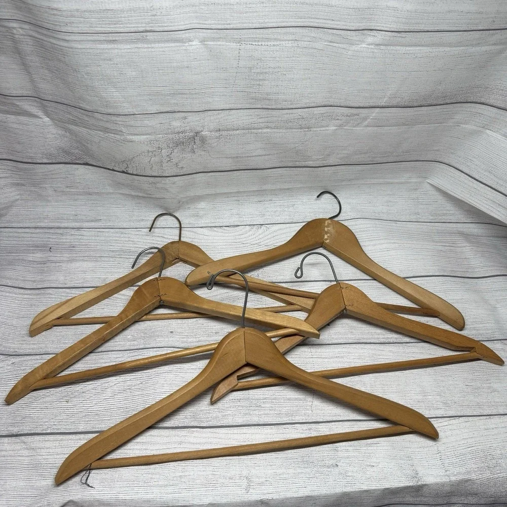 5 Vintage Wooden Hangers with Pant Bars Heavy Duty